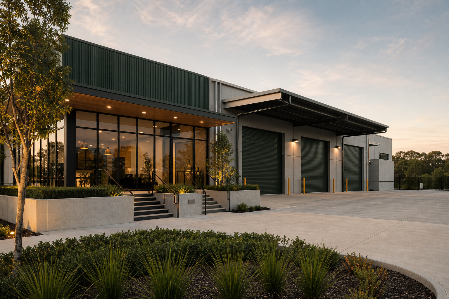Modern commercial warehouse and showroom exterior with roller doors and glass frontage